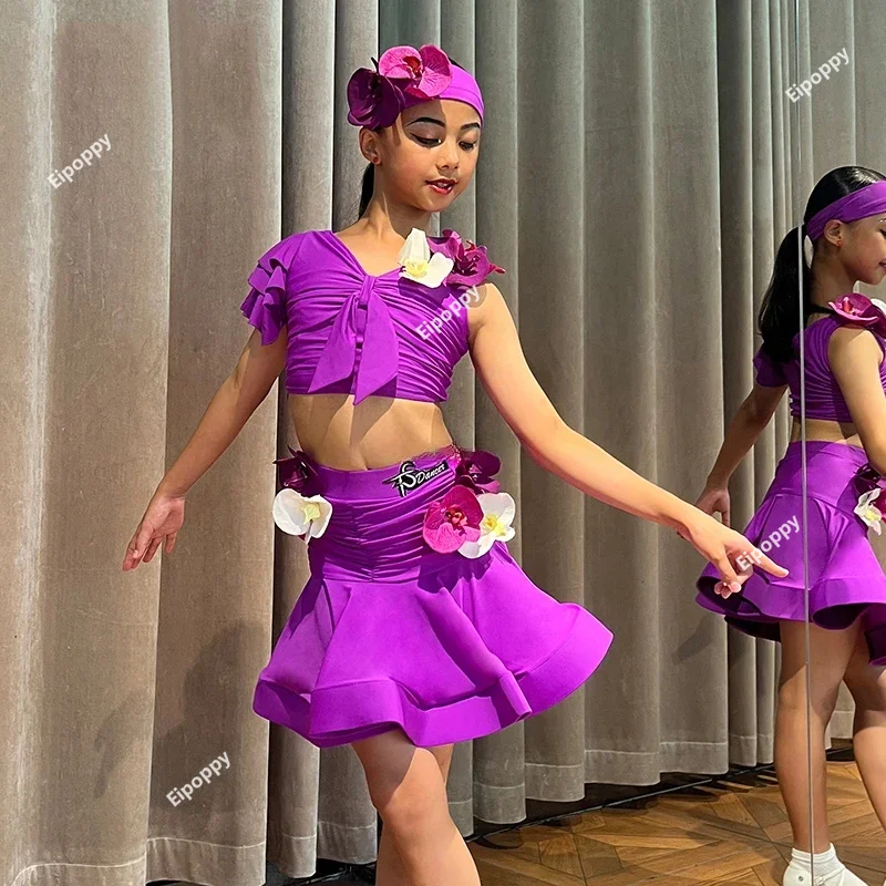 Traje de baile latino púrpura para niñas, vestidos de baile latino de Rumba, Tango, Salsa y Samba, vestido de salón de competición para niños