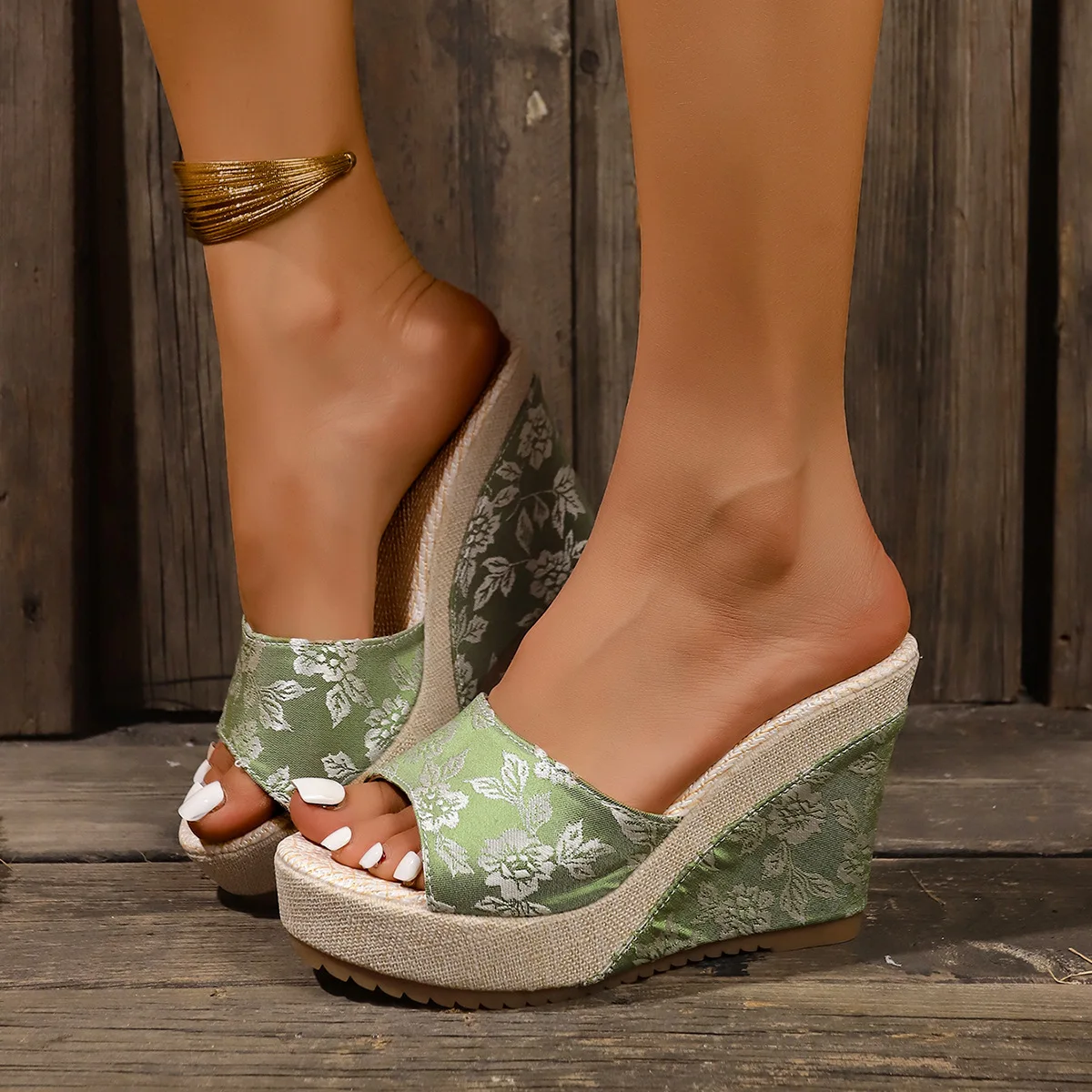 Wedge large-size summer slippers for women 2026 new denim flip-flops, foreign trade open-toe slip-ons women shoes