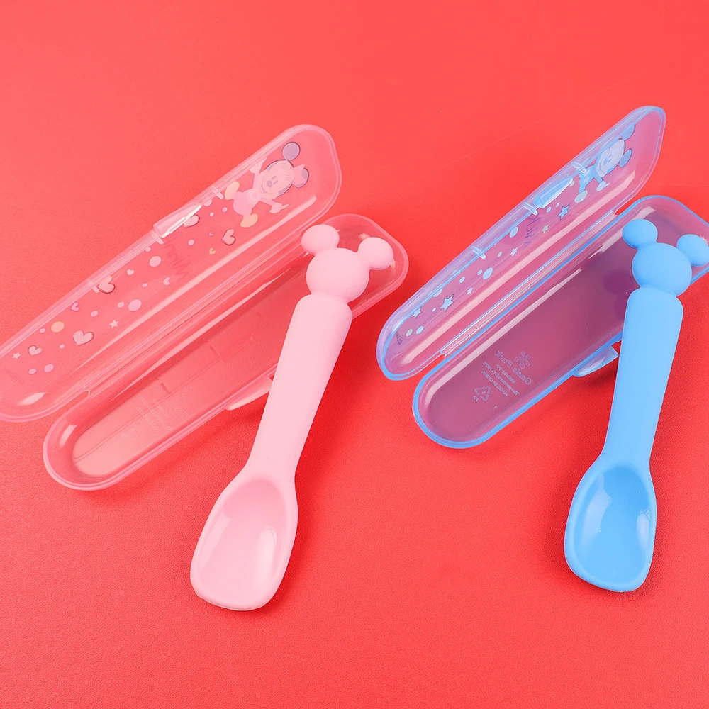 Silicone Spoon Soft Spoon Baby Disney Spoon Feeding Tableware Rice Spoon Food Grade Cartoon Mickey New Box Blue Pink Spoon