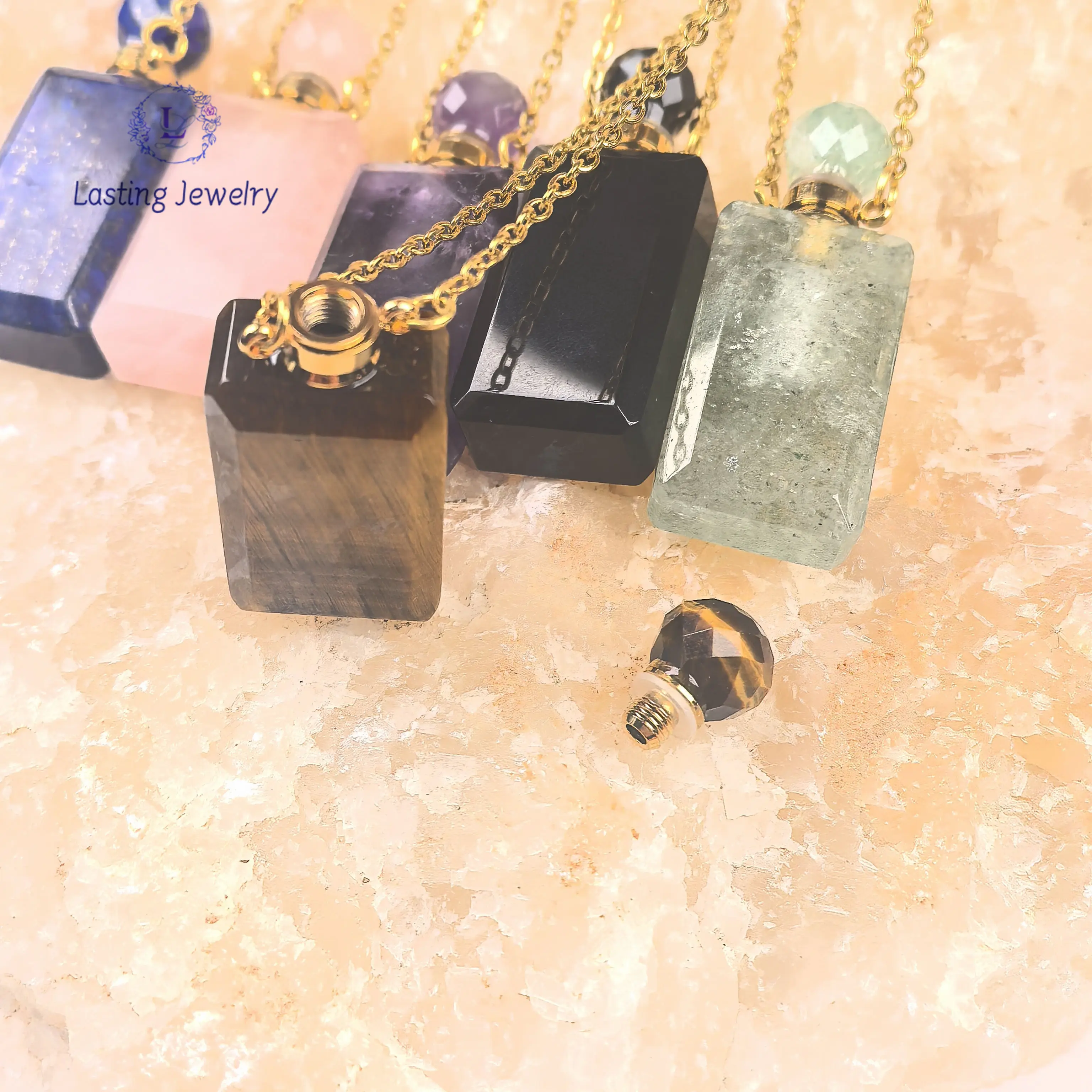 Rectangle Amethyst Lapis Perfume Bottle Pendant Necklaces,Rose Quartz Crystal Essential Oil Diffuser Vial Charms Chains Jewelry