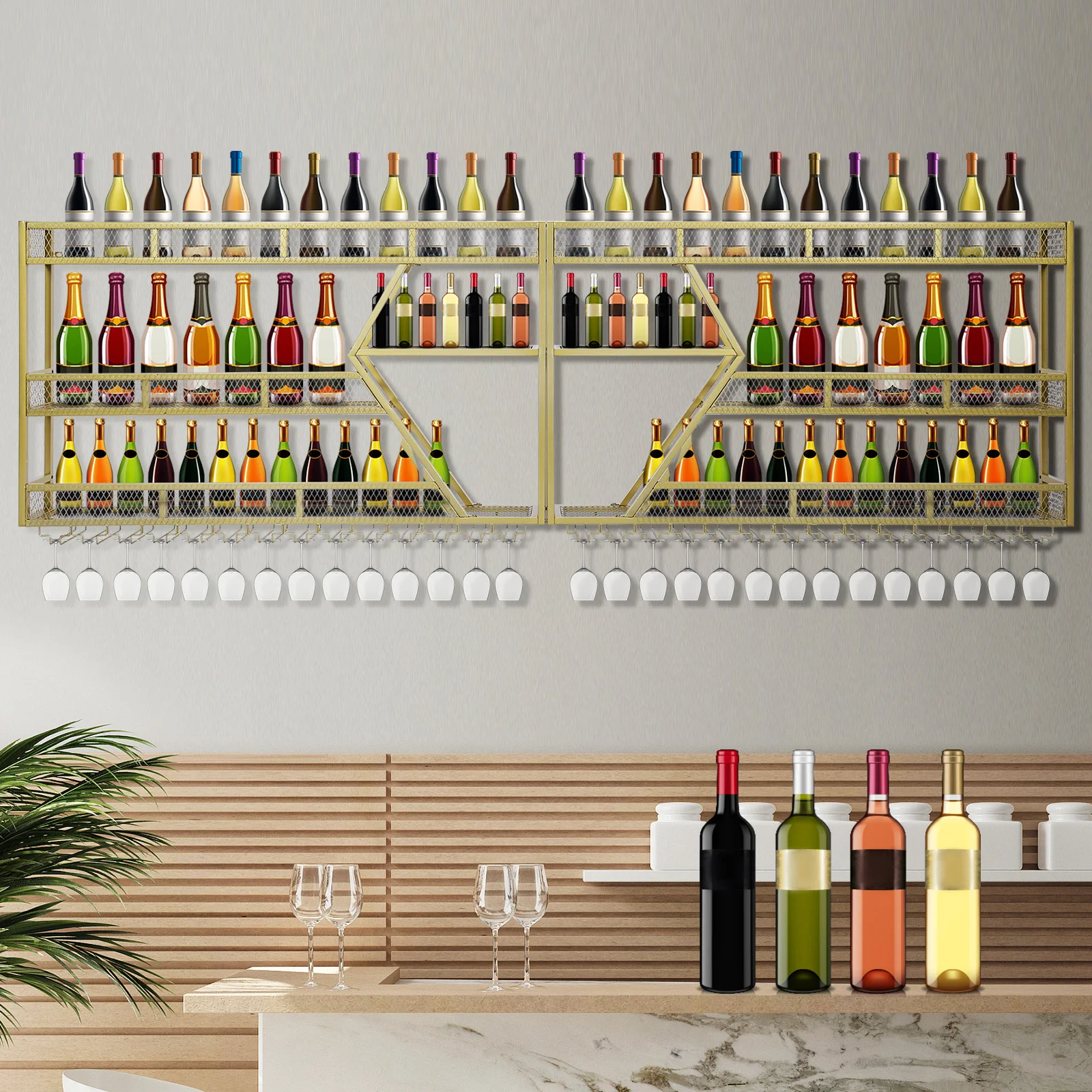 

Metal Wine Bottles Storage Display Storage Shelf with Wine Glass Holder Wine Bottles Display Shelf for Home Dining Room Kitchen