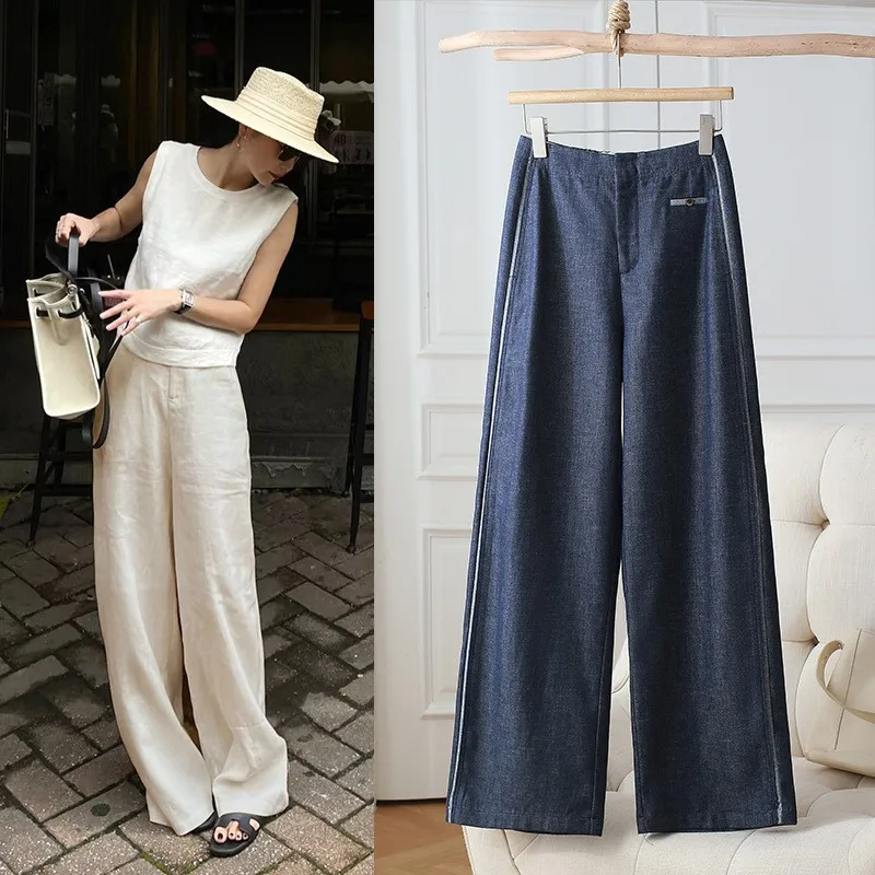 High Waist Linen Straight Leg Pants Women's Summer Lightweight Drapey Premium Feeling Denim Blue Wide Leg Western Pants Anti-...