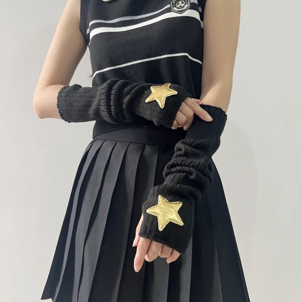 New Long Arm Warmer Gloves Cold Proof with Pentagram Patch Warm Arm Sleeve Knitted Fingerless Gloves Autumn Winter