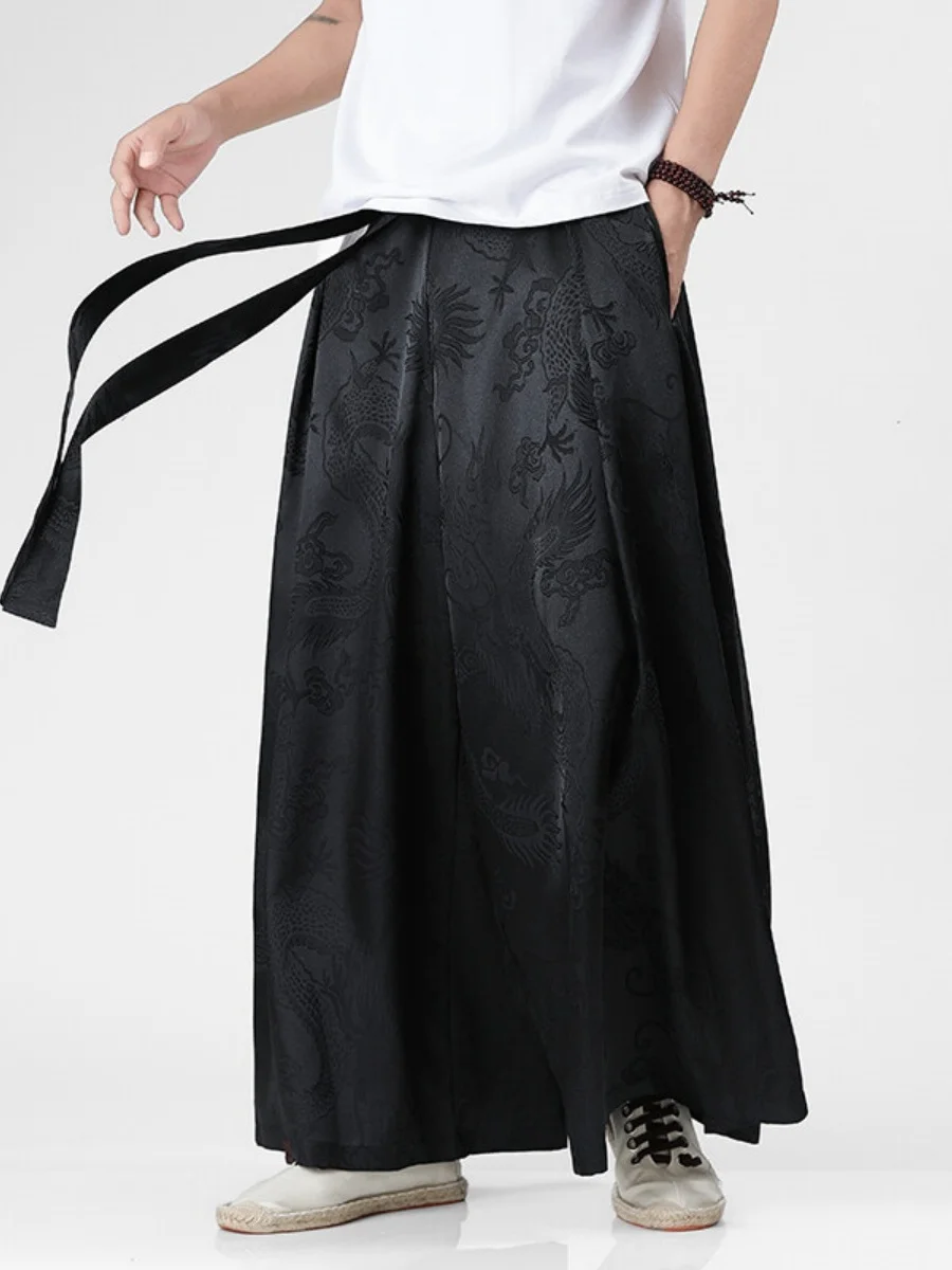 

Широкие брюки из ледяного шелка с вышивкой дракона, мужские летние брюки свободного покроя, повседневные прямые брюки, модные плюс...