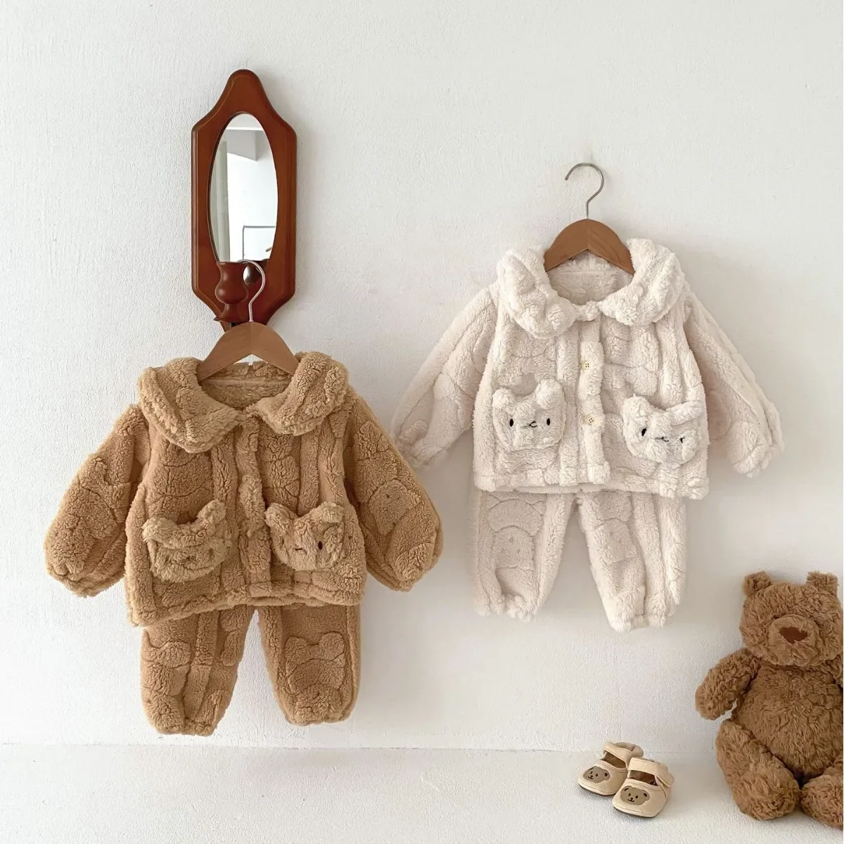 0-3T Newborn Kid Baby Boy Girl Winter Clothes Set Fleece Coat Top Pant Suit Warm Thick Two Piece Set Homewear Pajamas Set Outfit