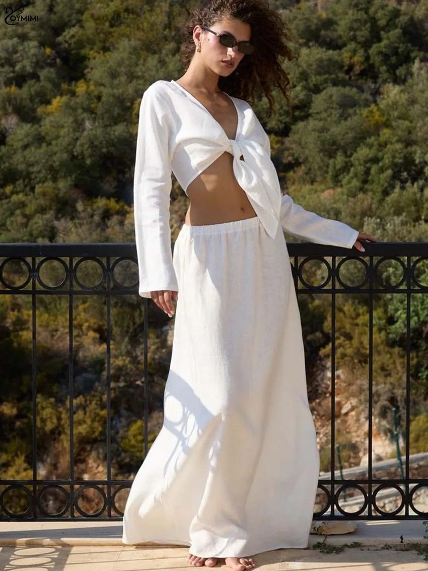 

Oymimi Elegant White Woman 2 Piece Set Outfit Casual Deep V-Neck Long Sleeve Lace-Up Crop Tops And Simple Straight Skirts Sets