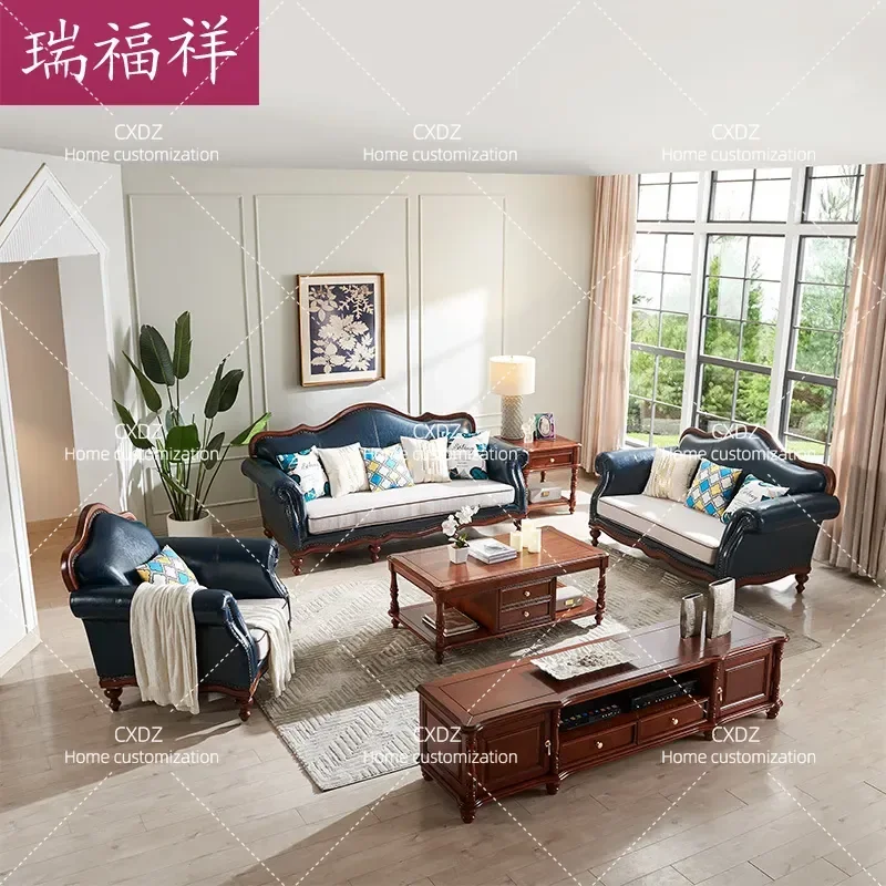 American Solid Wood Leather Fabric Sofa U Shape 4 Seater Double Leisure Living Room Furniture N326