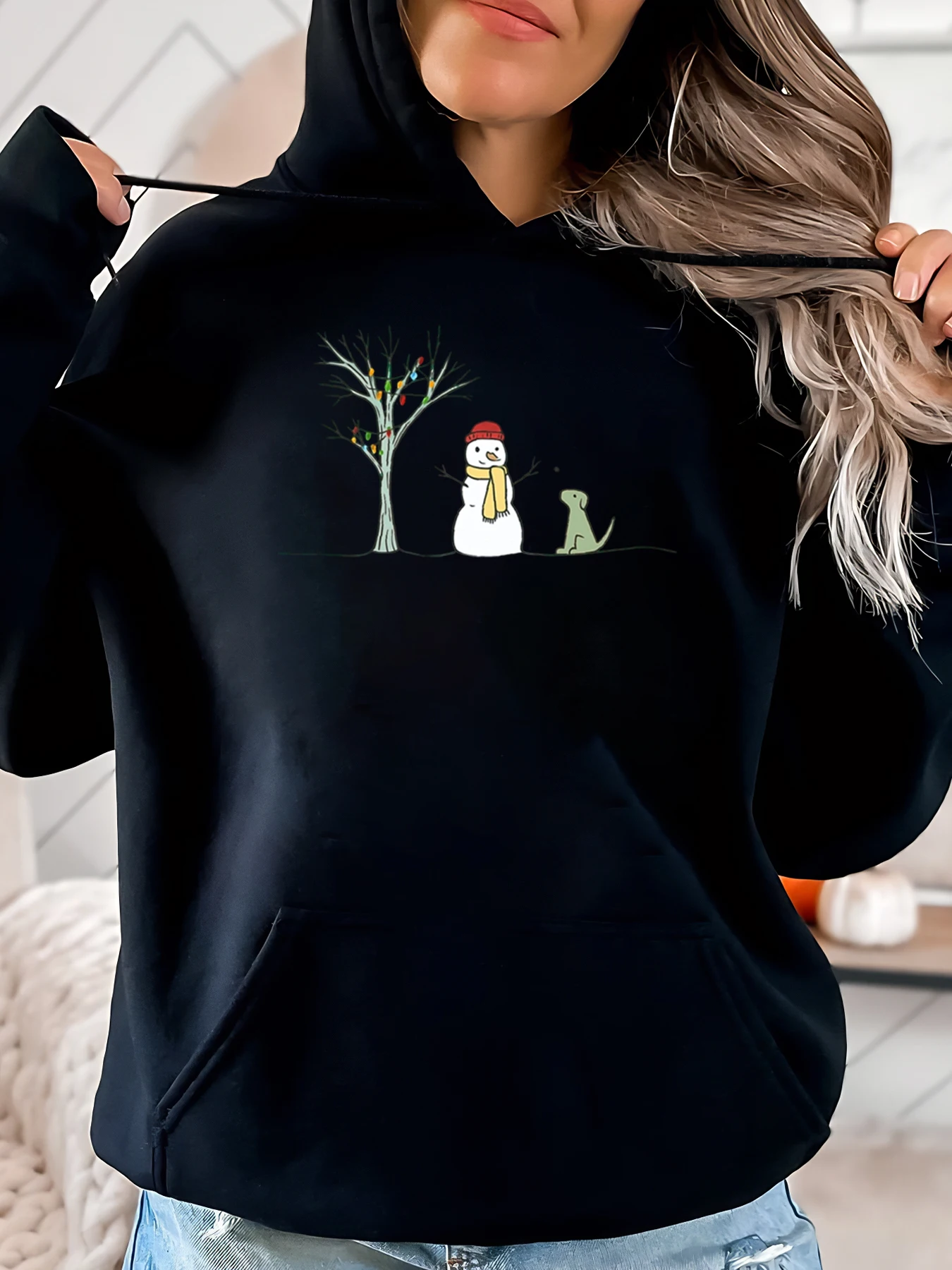 

Толстовка с рождественским принтом «Снеговик, собака, елка», женская зимняя повседневная одежда, черный, больших размеров