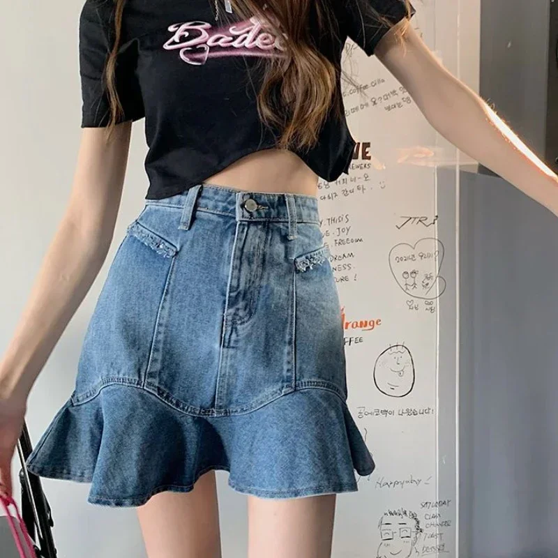 Denim Skirts Women Summer New High Waist Stylish Korean Style Leisure All-match Hotsweet Simple A-line Design Graceful Daily Ins