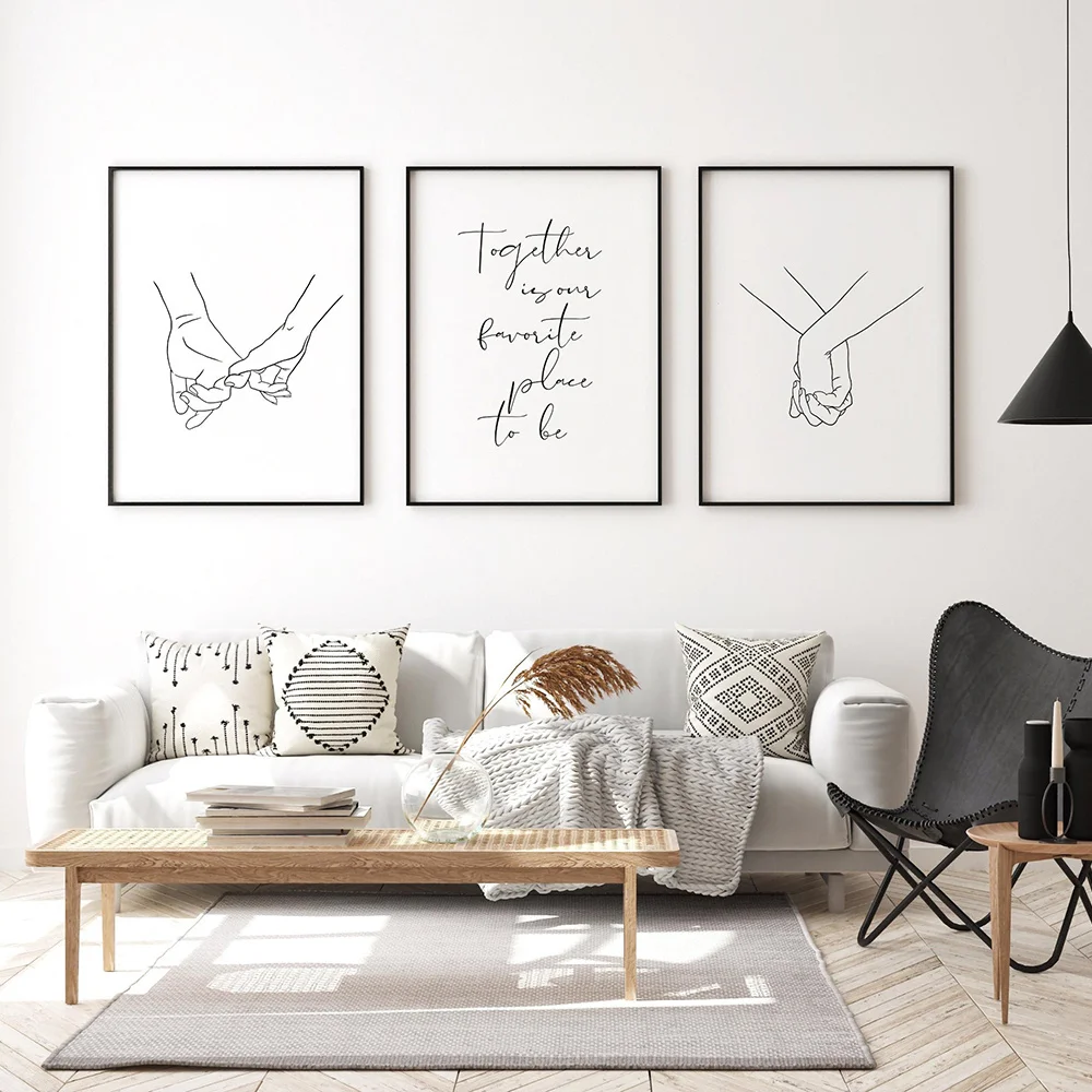 （NoFranme 3PCS）-3pcs Wall Art Pictures, Nordic Poster Black And White Holding Hands Canvas Prints Together Quote Wall Picture
