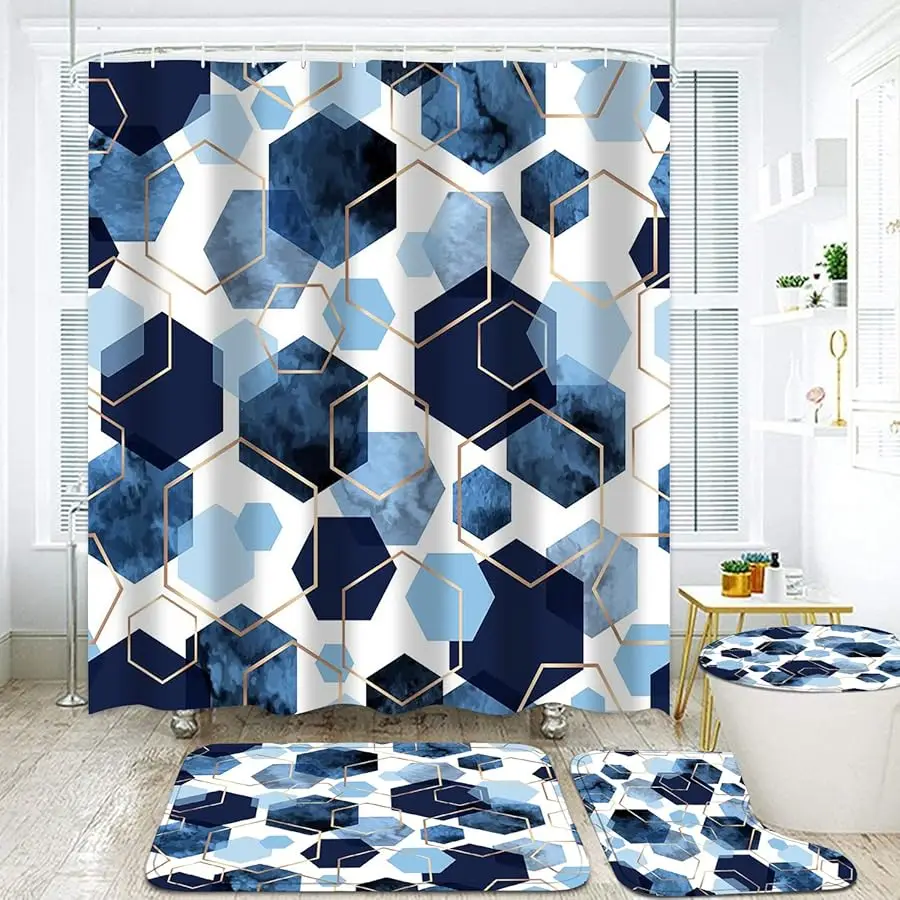

4Pcs Sky Blue Geometric Shower Curtain Set with Na y Blue Abstract Art, 12 Hooks, Bath Mat and Rugs