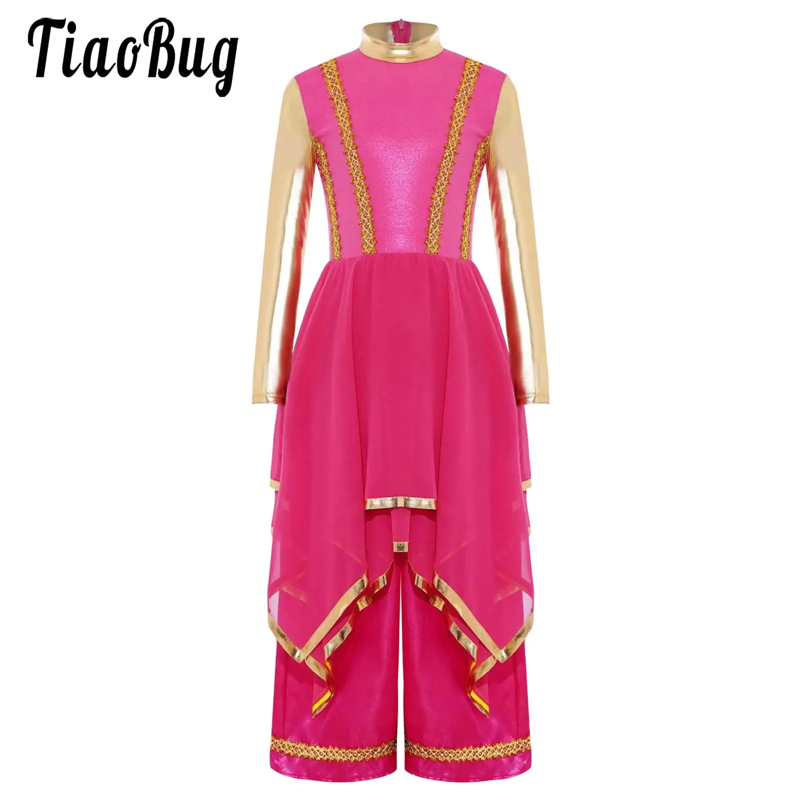 

Girls One-Piece Worship Liturgical Costume Long Sleeve Color Block Skirts Patchwork Pants Dance Dress Lyrical Praise Dancewear