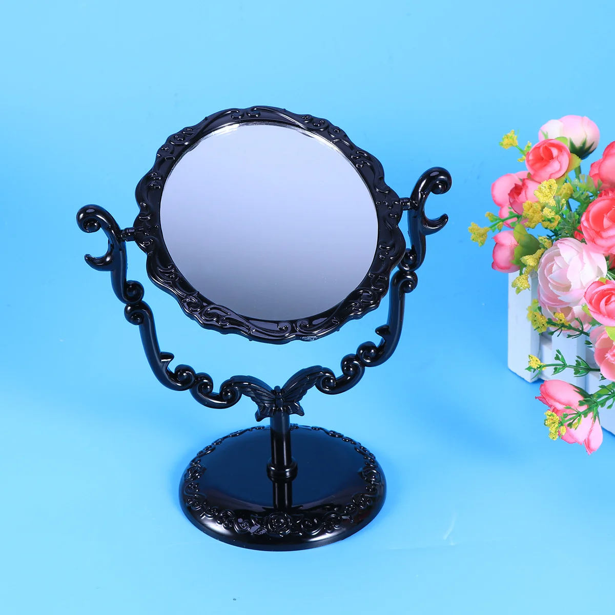 

Зеркало для макияжа с поворотным механизмом и дизайном «Роза», ультратонкое, с нескользящим основанием, в винтажном стиле, для полного обзора лица, вращающееся, настольное, для раковины