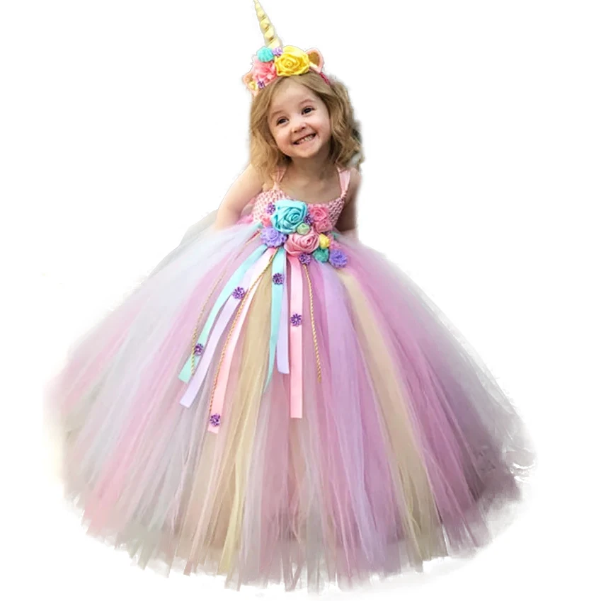 Girls Pastel Unicorn Flower Tutu Dress Kids Crochet Tulle Strap Dress Ball Gown with Daisy Ribbons Children Party Costume Dress