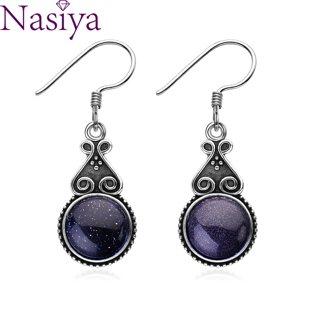 Silver Drop Earring  10MM Round Blue Sandstone Chrysanthemum Pendant Earrings Engagement Wedding Women Earrings