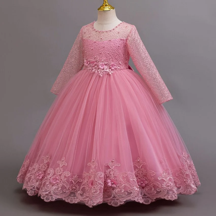 Girls lace long-sleeved princess dress 4-12 years old fashionable bow tutu skirt birthday party host stage catwalk evening dress image 3