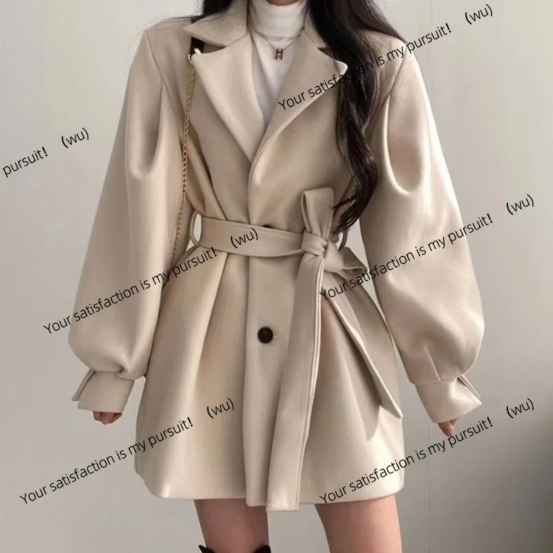 เสื้อโค้ทขนสัตว์สีดำสำหรับผู้หญิง ฤดูใบไม้ร่วงและฤดูหนาว ทรงเข้ารูป เอวเล็ก หนา ยาวปานกลางถึงยาว