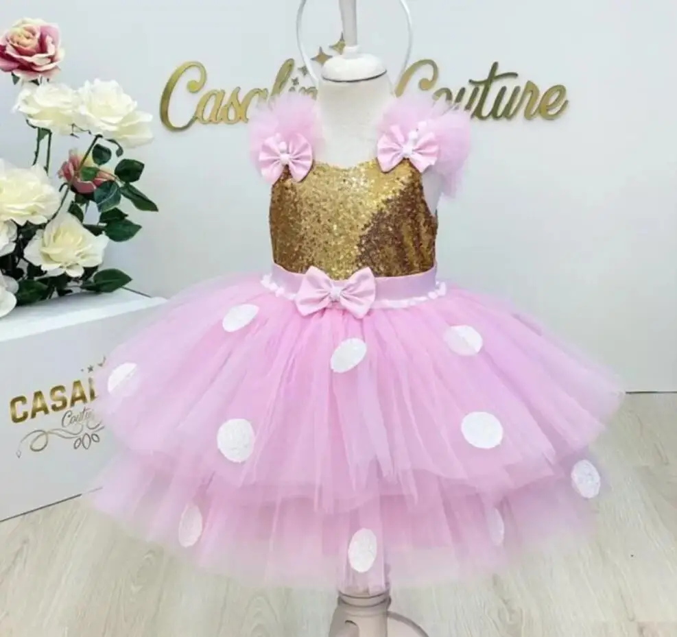 

Puffy Pink Princess Flower Girls Dresses Tulle with Gold Sequined Stunning Cute Baby Girls First Birthday Dress Customise Skirt