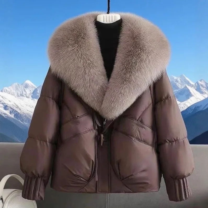 

Женская короткая утолщенная хлопковая куртка на пуху с большим меховым воротником, пальто в европейском стиле, зимнее новое поступление, защита небольшого размера