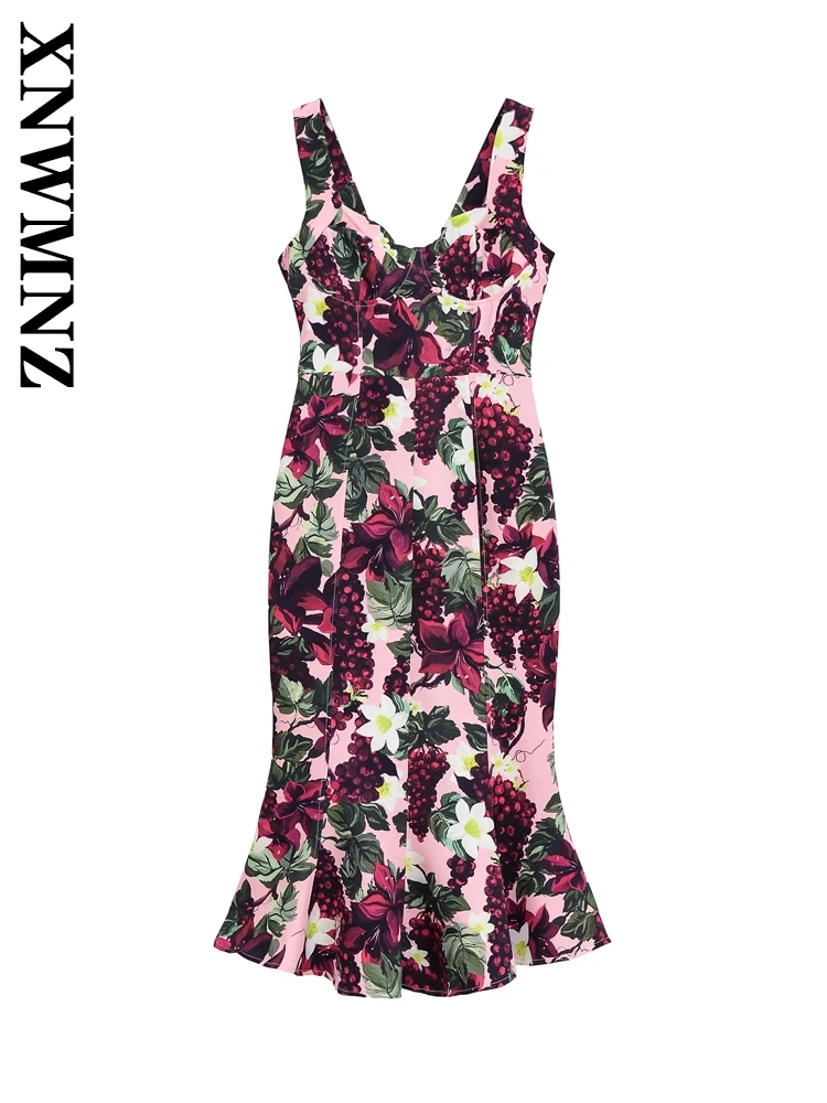 

XNWMNZ 2025 Summer Woman's Fashion Holiday V-Collar midi Dresses Sexy Party Female Shoulder Backless thin shoulder strap Dress