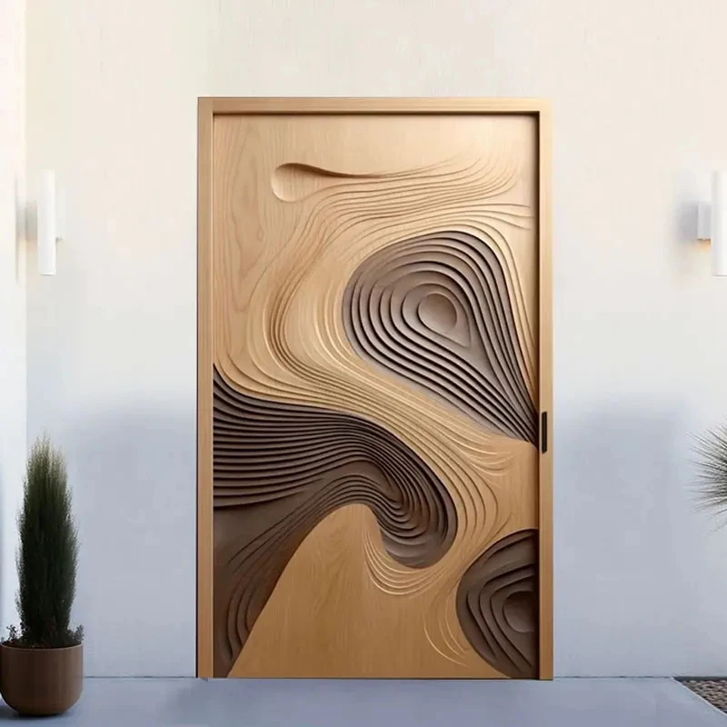 Luxurious Unique 3D Carved Flowing Design Waterproof Modern Exterior Main Entrance Solid Wooden Front Entry Door For Houses