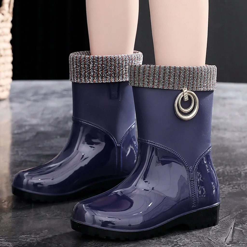 

Ladies Short Ankle PVC Rainboots Non-slip Fur Leather Boots Rubber Rain Boots for Women Waterproof High Heel Fashion Girls Shoes