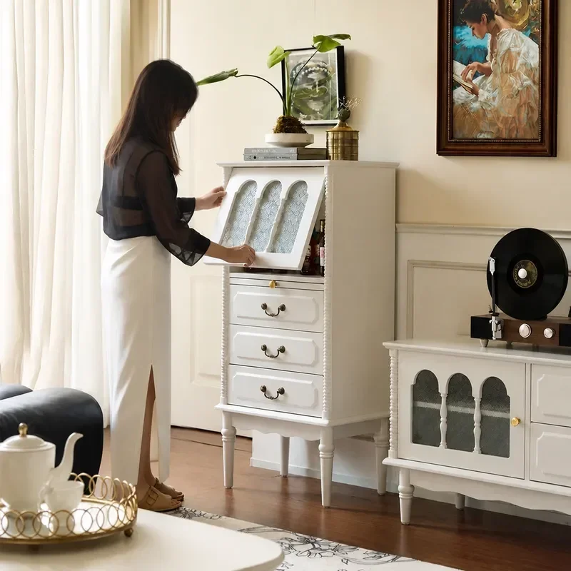 French Cream Style Solid Wood Side Cabinet Floor Storage Unit Living Room Small Apartment TV Stand American Locker
