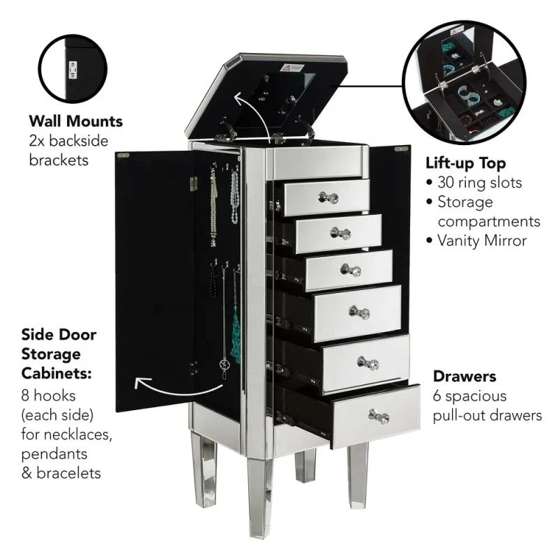 custom.COOLBANG Modern Mirrored Jewelry Display Armoire Cabinet with 6 Drawers