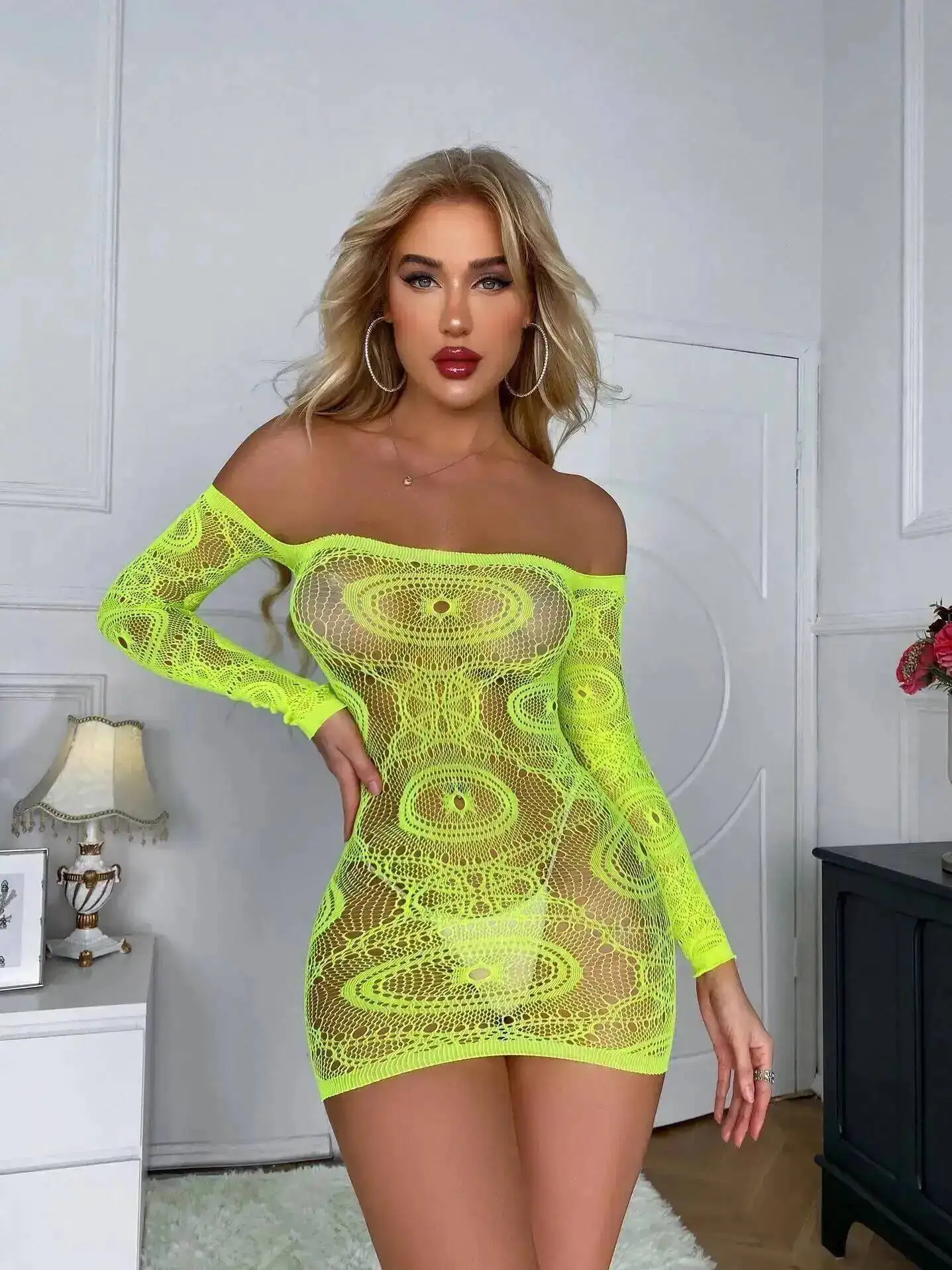 새로운 섹시하고 매혹적인 시스루 망사 힙허깅 드레스 유니폼 파자마 드레스 우아한 그린 GC2L