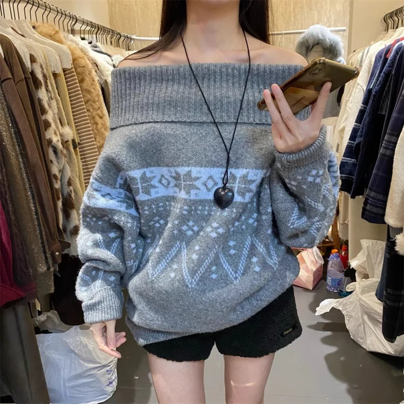 

Women's sweater winter French gentle style one shoulder pullover warm sweater versatile lazy style knitted sweater