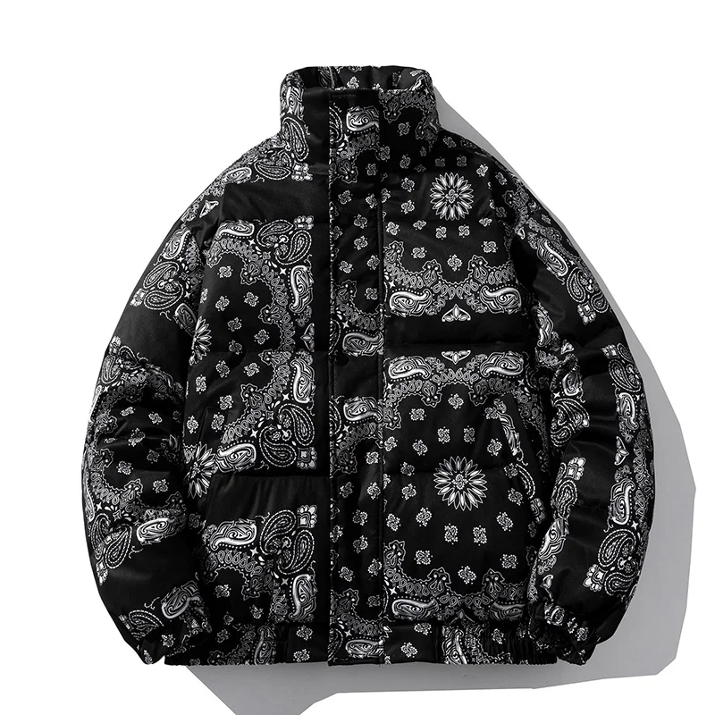 Winter Bandana Puffer Jacket Men Brand Thick Warm Casual Parka Loose Harajuku Fashion Zipper Paisley Windproof Bubble Coat Women