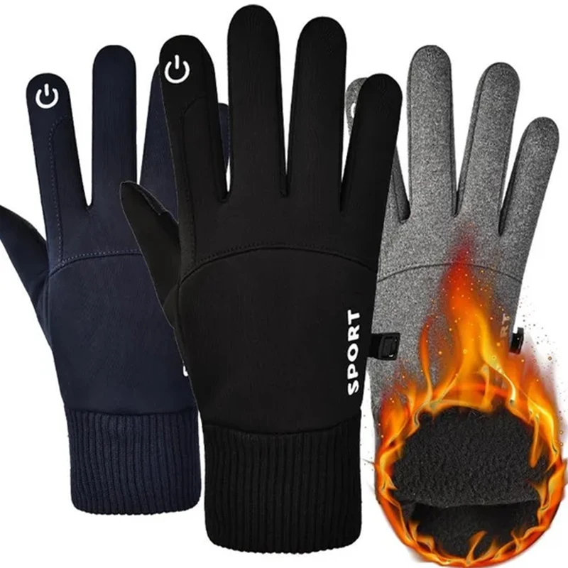 

Men Winter Waterproof Cycling Gloves Outdoor Sports Ski Running Motorcycle Touchscreen Fleece Gloves Non-Slip Warm Full Fingers