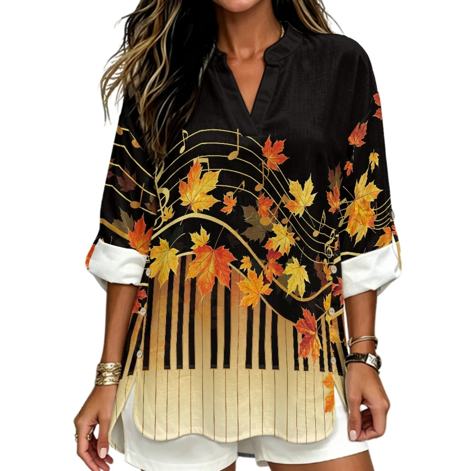 PENSTROLL Autumn Maple Piano Linen Like Women's Top Tunic Blouses for Womens Loose Tunic Shirts