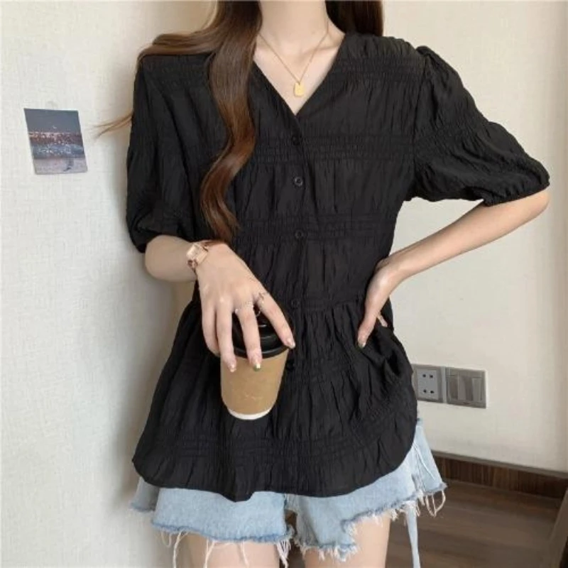 

New V Neck Loose Solid Elegant Blouse Summer Short Sleeve Pleated Simplicity Temperament Shirt Tops Fashion Casual Women Clothes