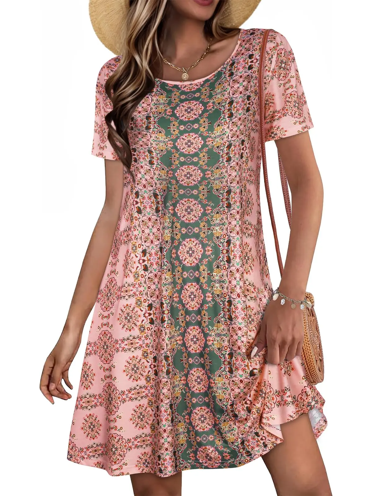 Women's Summer Casual Retro-Print Short-Sleeve Dress New Arrival Loose-Fitting Pull-Over Summer Fashion Short-Sleeve Dress