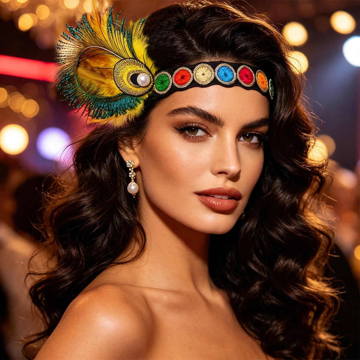 Ethnic Exaggerate Feather Embroidery Headband Colorful Feather Side Hairband Exquisite Party Banquet Jewelry Female Accessory