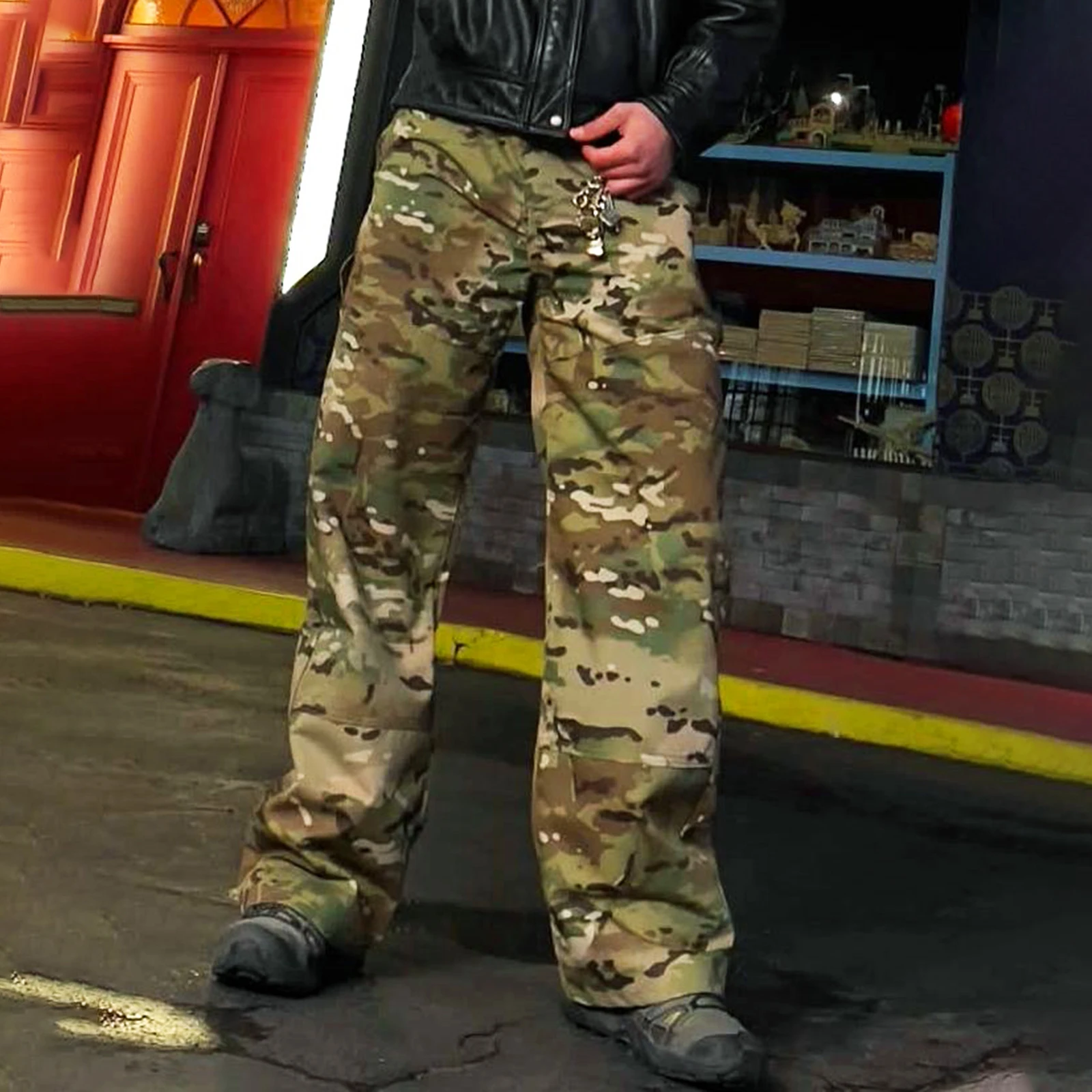 Celana Kargo Kamuflase untuk Pria Celana Kaki Lebar Longgar Kasual Modis dengan Saku
