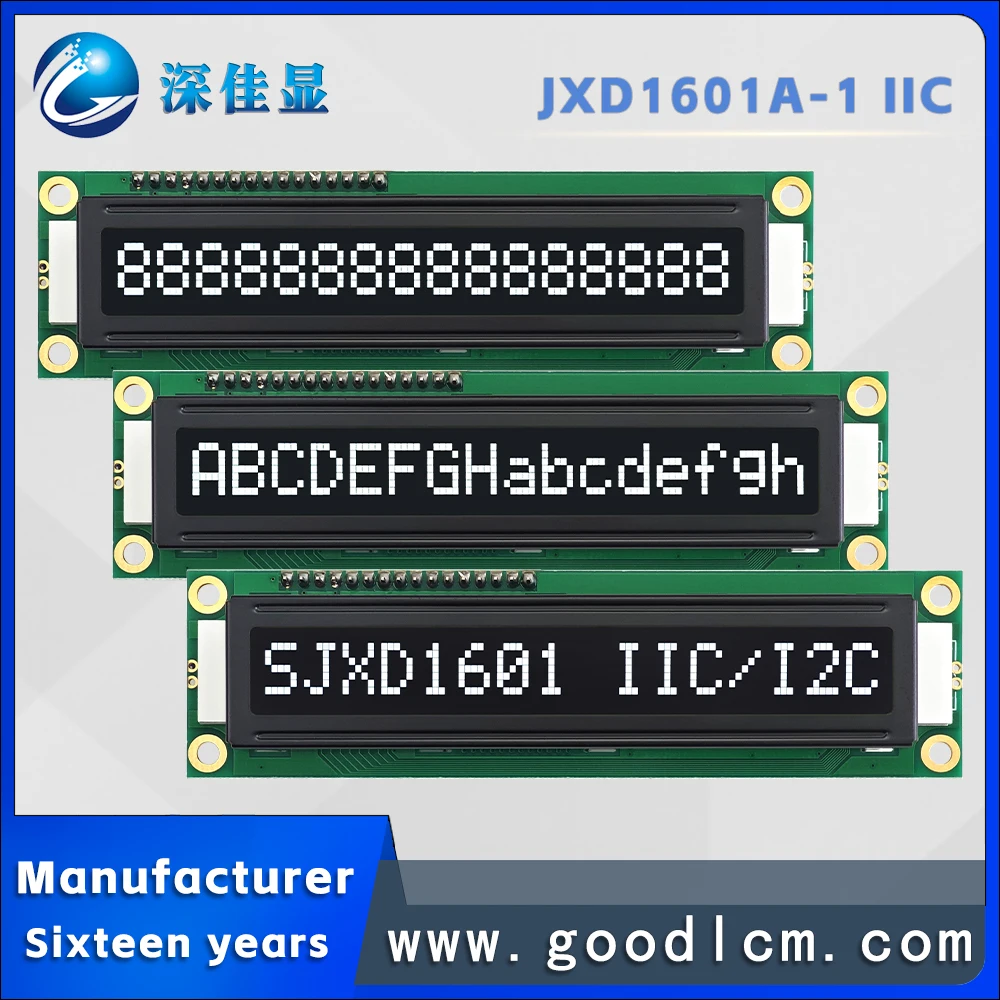 

Интерфейс IIC/I2C Однорядный ЖК-цифровой экран JXD1601A-1 VA Белый отрицательный 16*1 линейный модуль дисплея LCM с большим символом