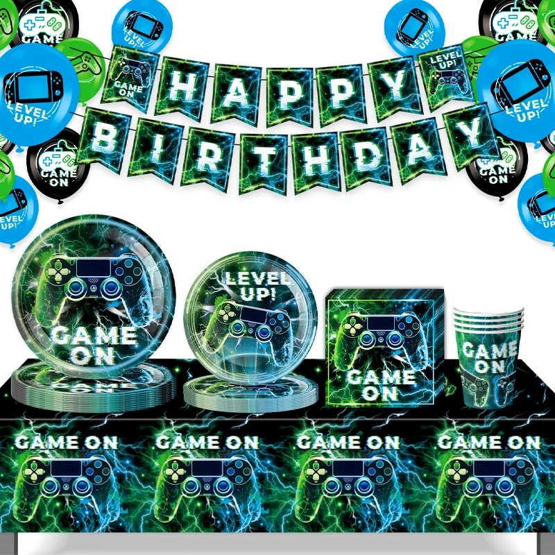 Green Lightning Background Game Controller Theme Party Supplies One-Time Party Tableware Decoration Dinner Plate Party Gift