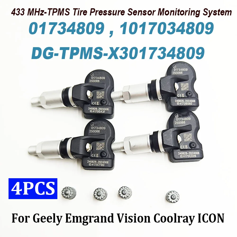 

4PCS 433MHz TPMS 01734809 Tire Pressure Monitoring Sensor 1017034809 DG-TPMS-X301734809 For Geely Emgrand PHEV EV500 EV450 ICON