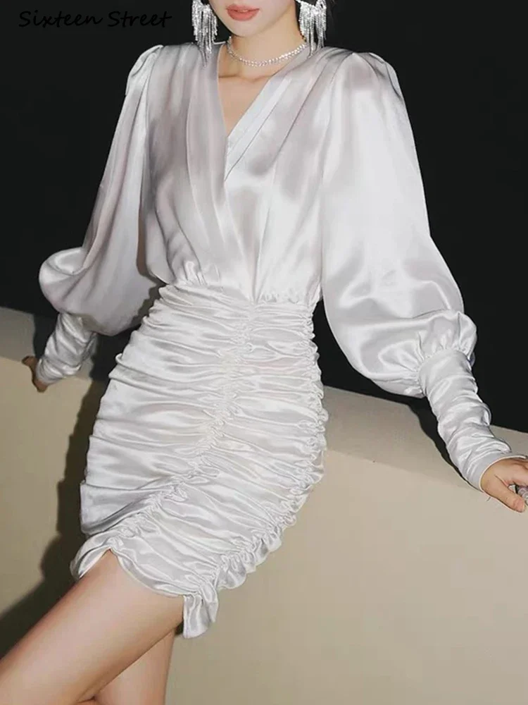 New White Dress Women Satin Shirring V-neck Elegance Mini Party Dresses Female Vestido Runway Long-sleeve Clothing Spring