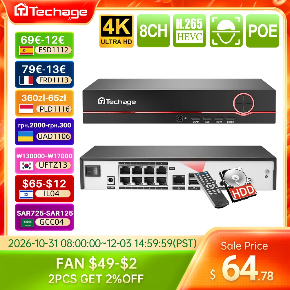 Techage H.265 8CH 4K 2K POE NVR Security Surveillance Network Video Recorder Up to 16CH For CCTV System POE IP Camera Recorder
