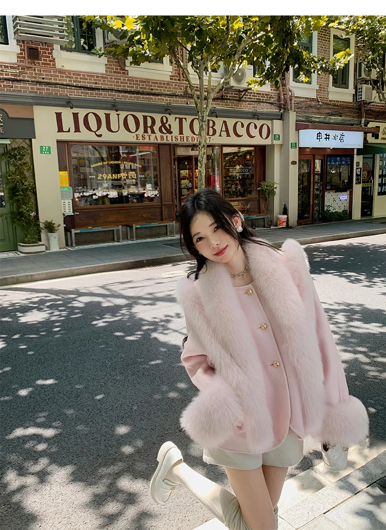 Women Short Wool Coat With Real Fox Fur Cuff Fashion Warm Genuine Wool Female 2024 Wool Shawl Outwear Genuine Fox Fur