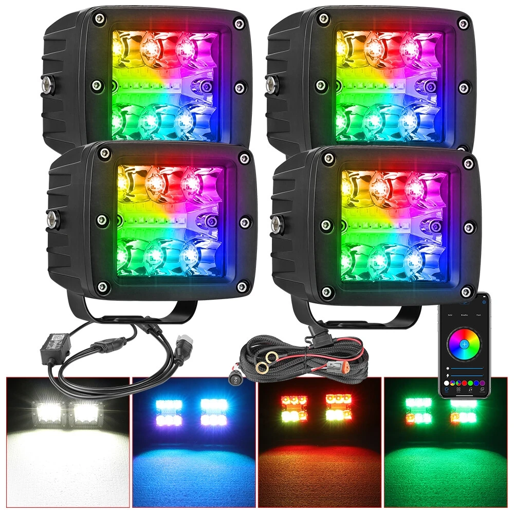 

4PCS 3" RGB Chase Halo LED Cube Pods Work Light Bar RGB Halo Ring Chasing Music Wireless Bluetooth 4WD Multi-Color Wiring Kit