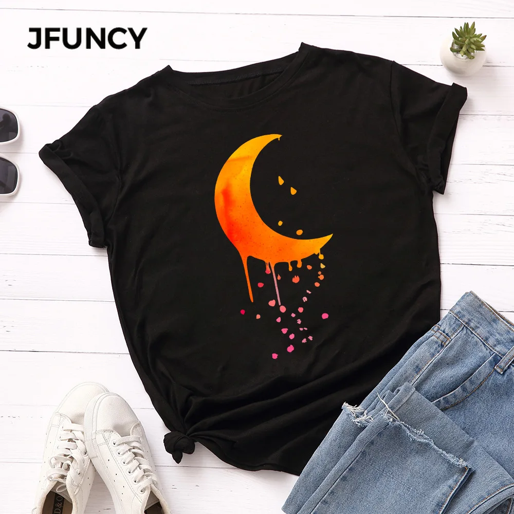 

Женская футболка с принтом Луны JFUNCY, летняя футболка из 100% хлопка с круглым вырезом и коротким рукавом, женские футболки