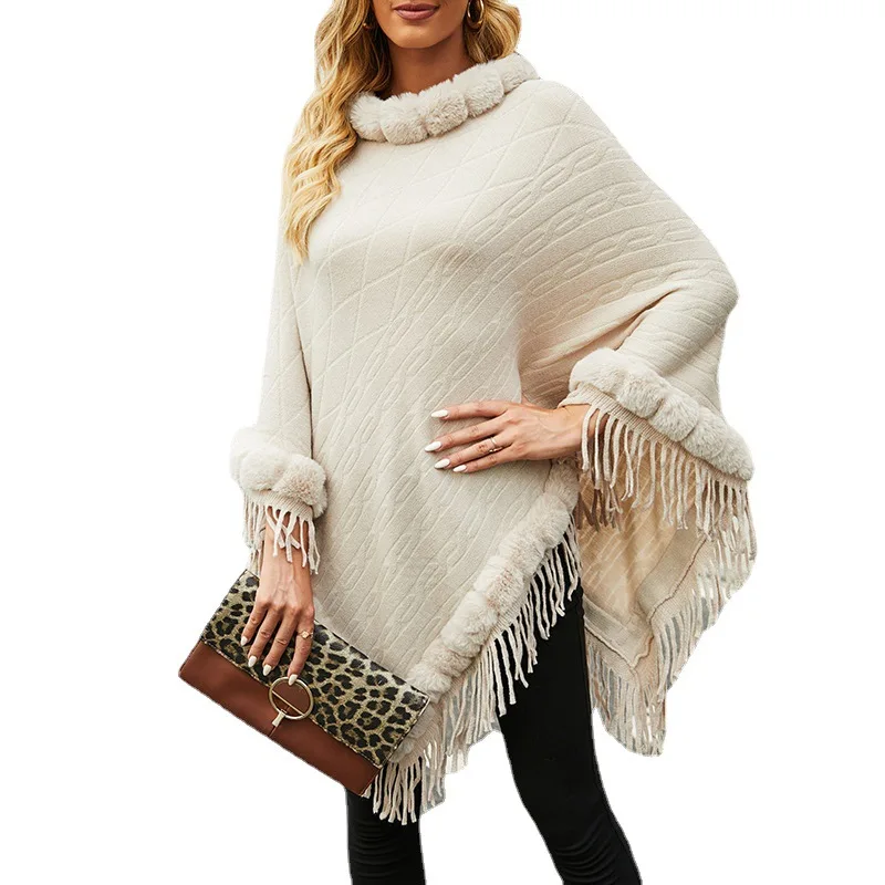 5 Colors Faux Fur Poncho Cloak Tassel Big Pendulum Cape Triangle Striped Jacquard Winter Thick Loose Outstreet Pullover Coat