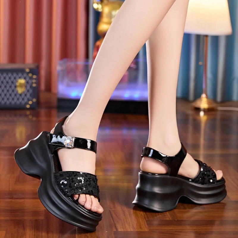 Fujin 8.5cm Microfiber Synthetic Leather Bling Slip on Women Peep Toe Sandal Slippers Pumps Summer Platform Wedge Fashion Shoes