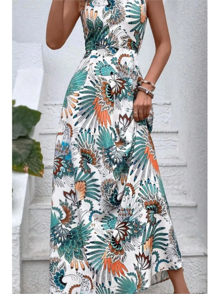 Sexy Backless Dresses For Women 2025 Summer Print Spaghetti Strap Long Dress Sexy Lace-up A-Line Vacation Boho Dress Vestidos