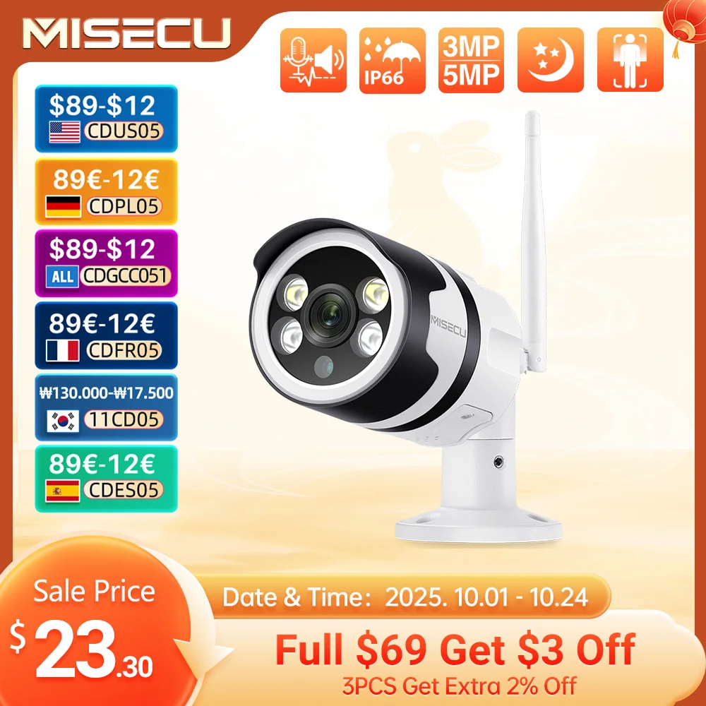 

MISECU 5MP 3MP Беспроводная IP-камера с искусственным интеллектом Двустороннее аудио Открытый цвет Ночное обнаружение движения Запись наблюдения Безопасность WIFI Камера