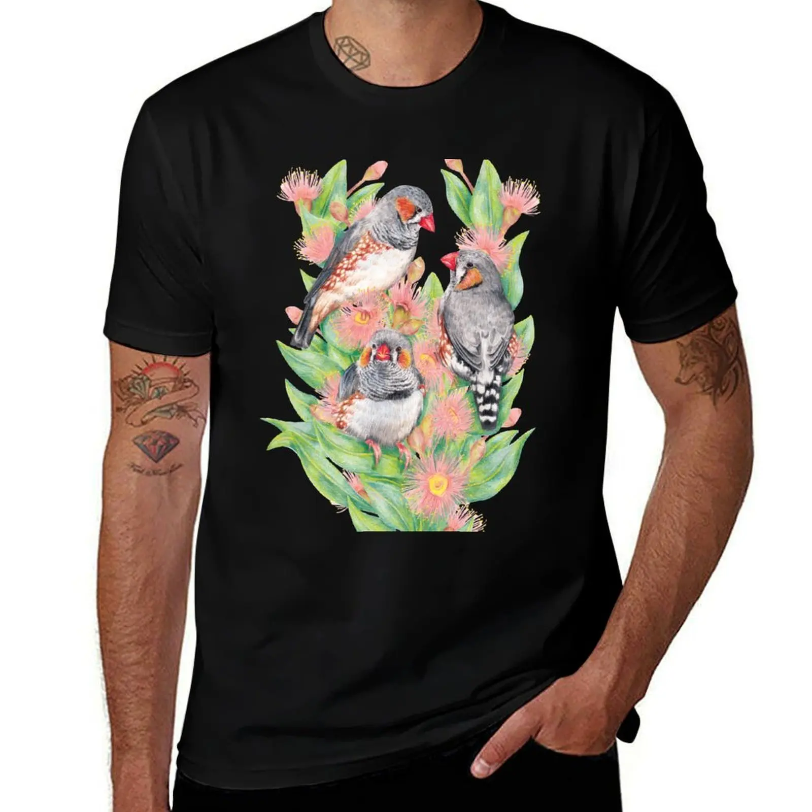 

Floral Zebra Finches T-Shirt Casual Pattern Print Tee Shirt